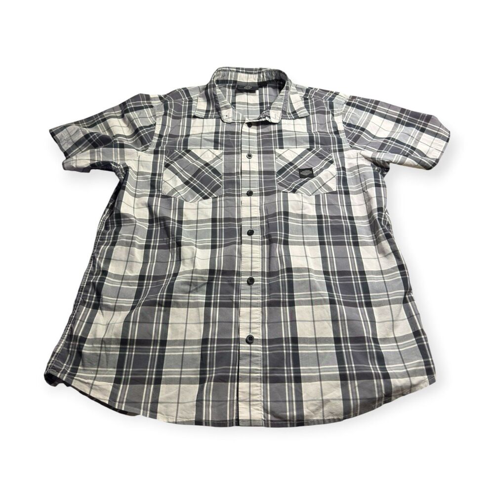 Harley Davidson Plaid Shirt Sz XL Dark Gray And White Pearl Snaps Short Sleeve